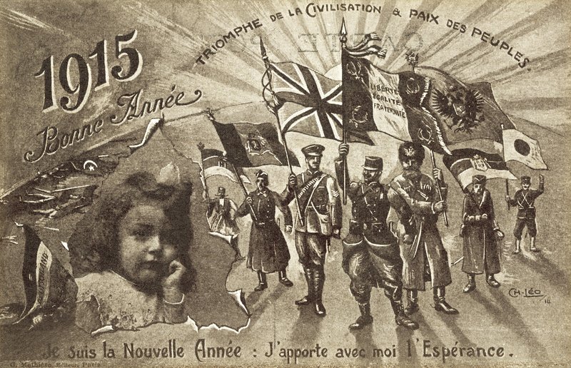 Tarjeta de Año Nuevo para 1915, deseando el triunfo de la civilización y la paz entre los pueblos de English School