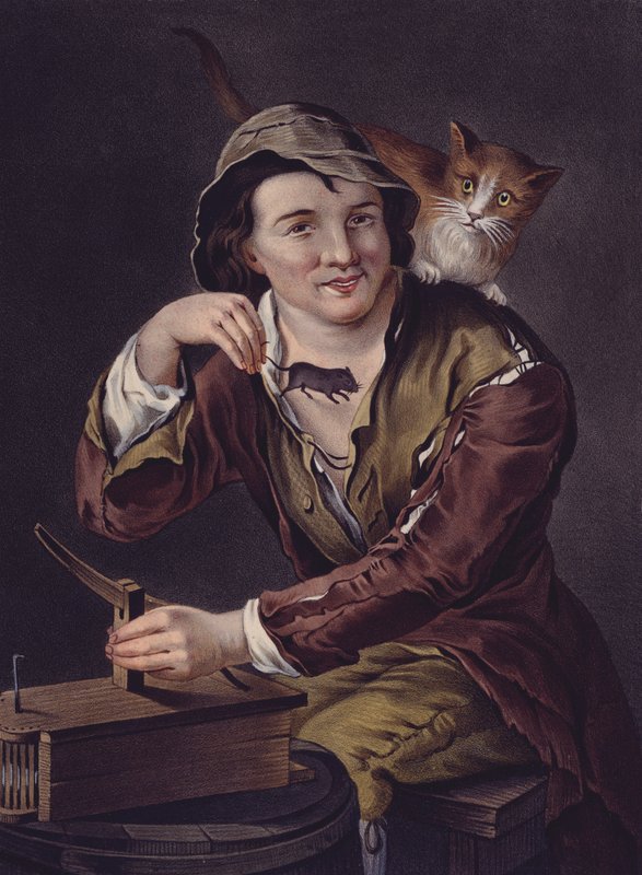 Cazador de ratones con su trampa y gato de European School