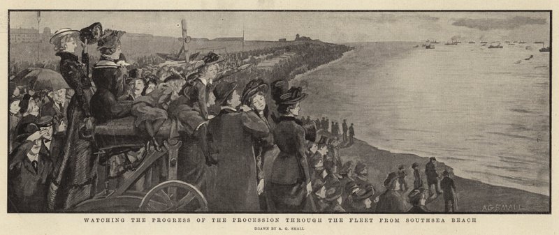 Observando el progreso de la procesión a través de la flota desde la playa de Southsea de A. G. Small