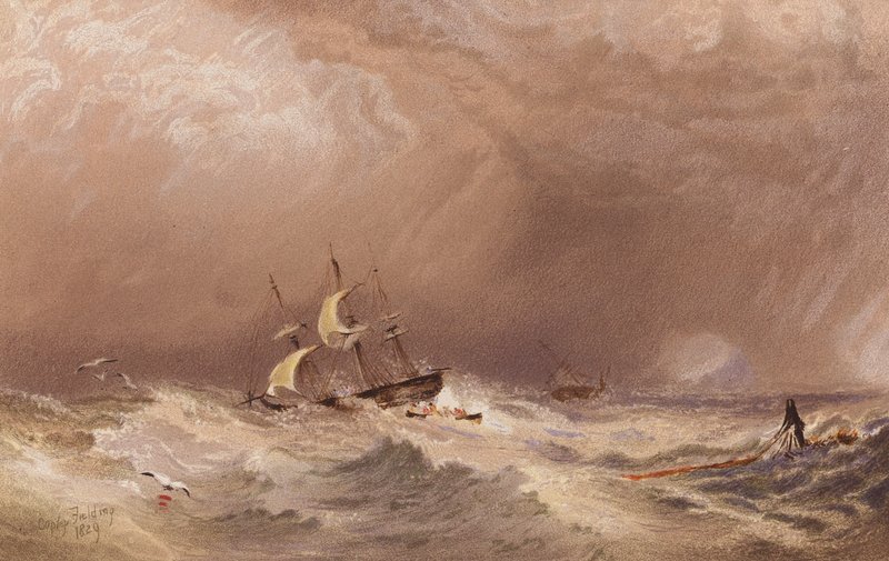 Un barco en apuros (litografía en color) de A.V. Copley (after) Fielding