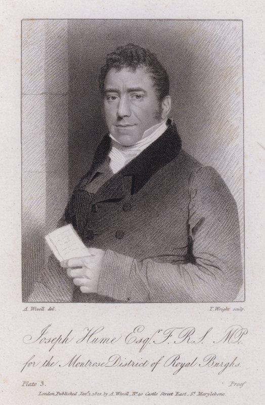 Joseph Hume, médico, político y diputado radical escocés (grabado) de Abraham (after) Wivell