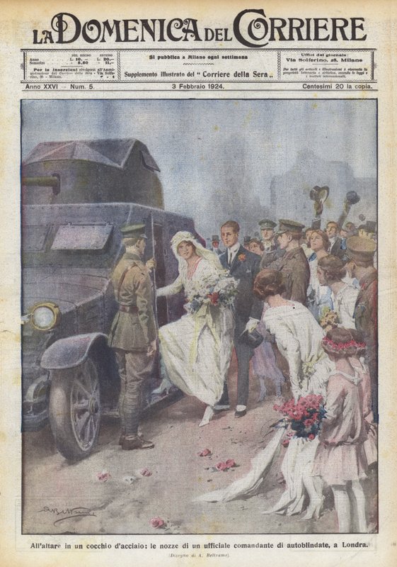 Al altar en un carruaje de acero, las bodas de un oficial comandante de vehículos blindados, en Londres de Achille Beltrame