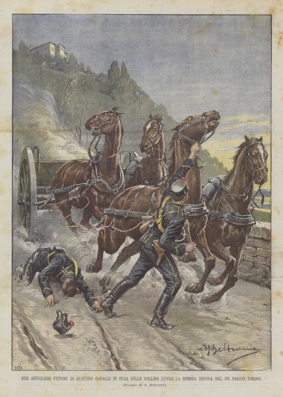 Dos artilleros víctimas de cuatro caballos en fuga en las colinas a lo largo de la orilla derecha del Po, cerca de Turín de Achille Beltrame
