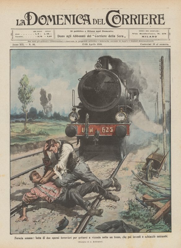 Ferocidad humana, lucha de dos obreros ferroviarios para arrojarse mutuamente bajo un tren de Achille Beltrame