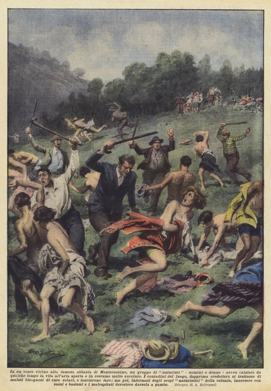 En un bosque cerca de la famosa abadía de Montecassino, un grupo de naturistas - hombres y mujeres de Achille Beltrame