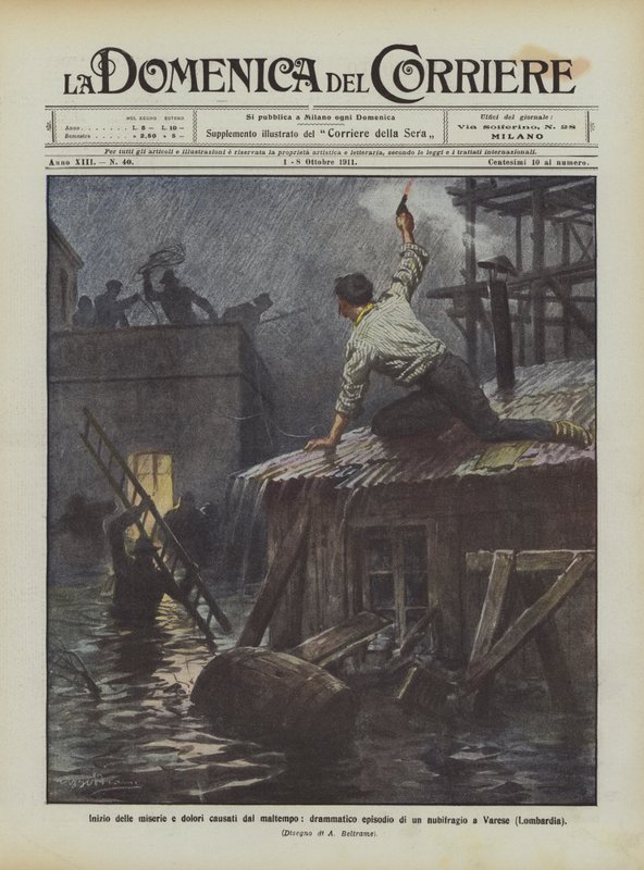 Inicio de las miserias y dolores causados por el mal tiempo, dramático episodio de una tormenta en Varese (Lombardía) de Achille Beltrame