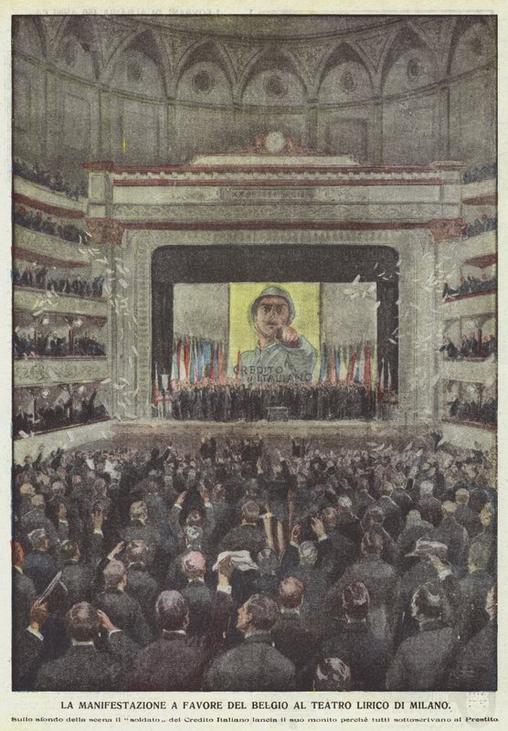 La manifestación a favor de Bélgica en el Teatro Lírico de Milán de Achille Beltrame