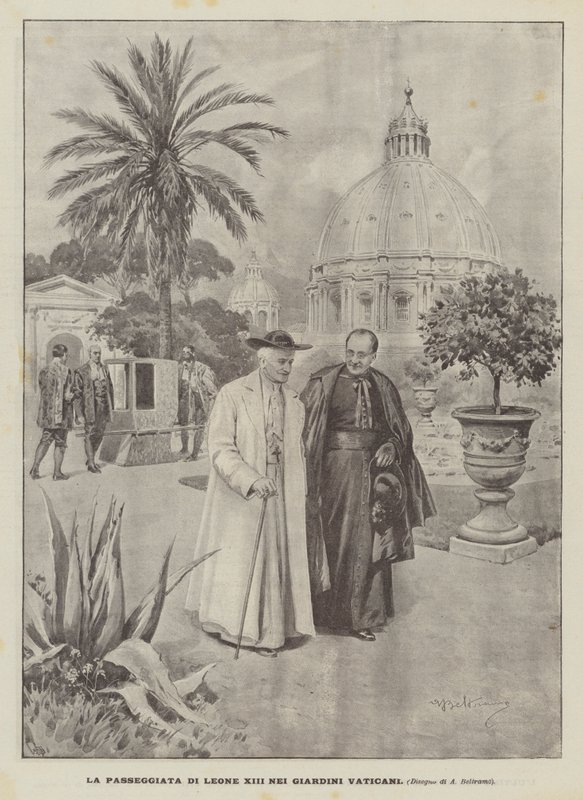 El paseo de León XIII en los jardines vaticanos de Achille Beltrame