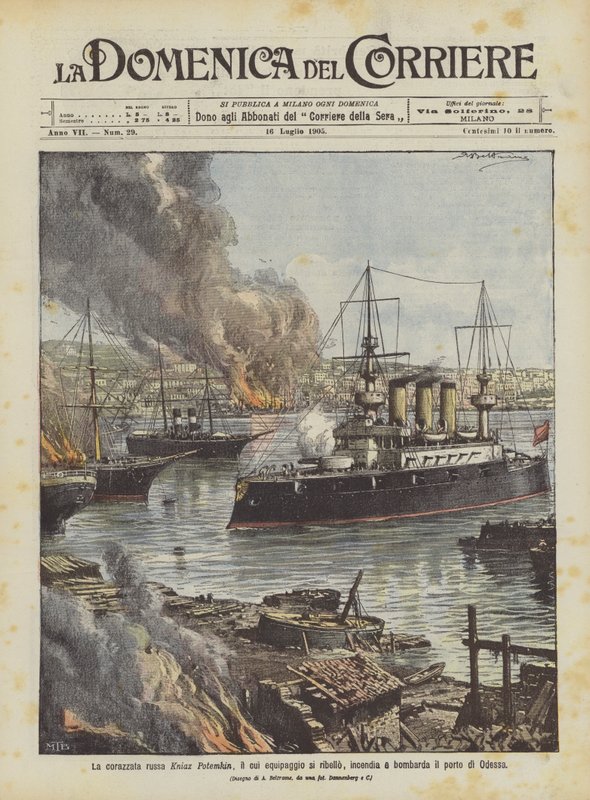 El acorazado ruso Kniaz Potemkin, cuya tripulación se rebeló, incendia y bombardea el puerto de Odessa de Achille Beltrame