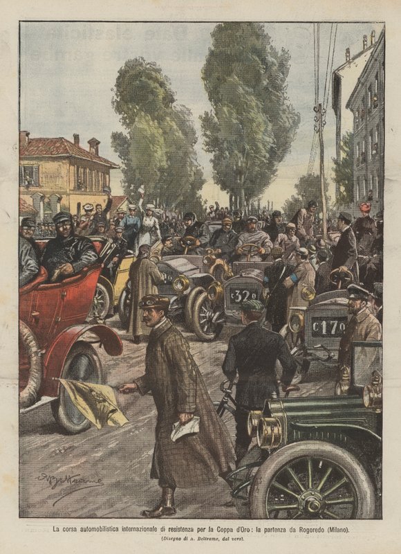 La carrera automovilística internacional de resistencia por la Copa de Oro, la salida desde Rogoredo (Milán) de Achille Beltrame