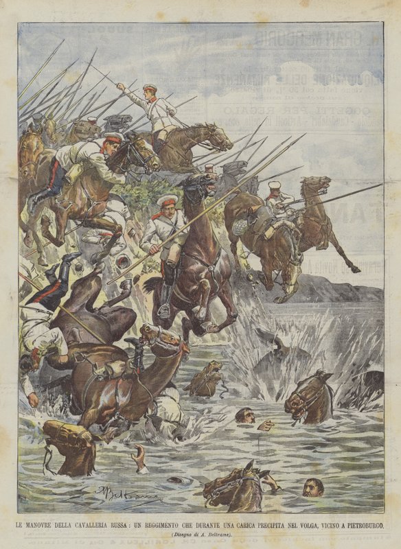 Las maniobras de la caballería rusa, un regimiento que durante una carga cae en el Volga, cerca de San Petersburgo de Achille Beltrame