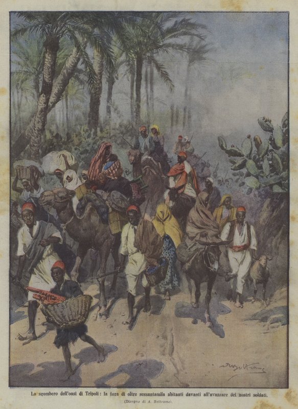 La evacuación del oasis de Trípoli, la huida de más de sesenta mil habitantes ante el avance de nuestros soldados de Achille Beltrame