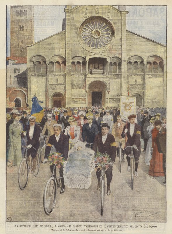 Un bautizo fin de siècle en Módena, el niño Washington y el cortejo ciclista a la salida de la catedral de Achille Beltrame