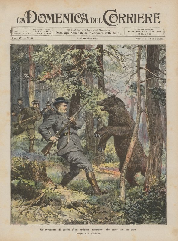 Una aventura de caza de un archiduque austriaco, enfrentándose a un oso de Achille Beltrame