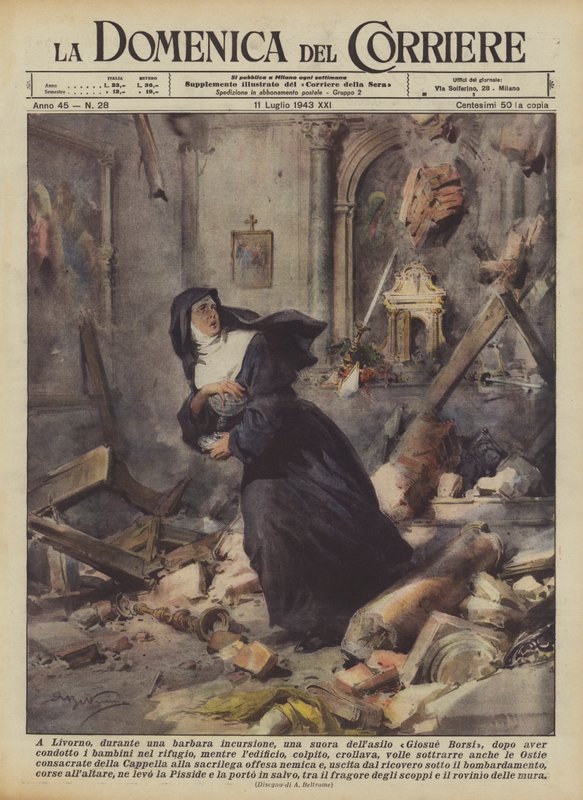 En Livorno, durante una bárbara incursión, una monja del asilo Giosuè Borsi, después de haber conducido... de Achille Beltrame