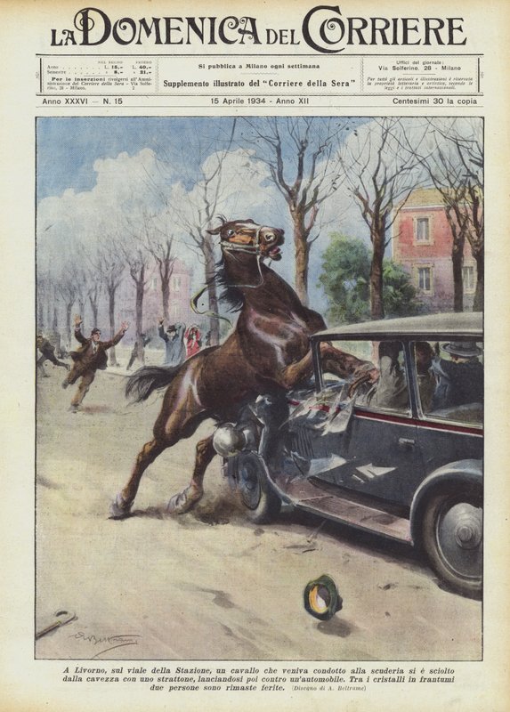 En Livorno, en la avenida de la Estación, un caballo que era llevado a la cuadra se soltó... de Achille Beltrame