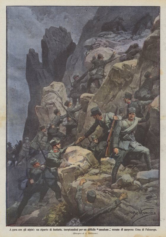 En competencia con los alpinos, una unidad de infantería, escalando un difícil barranco ocupa de Achille Beltrame