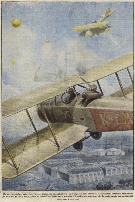 Un pistolero en un avión disparando globos sobre Inglaterra de Achille Beltrame
