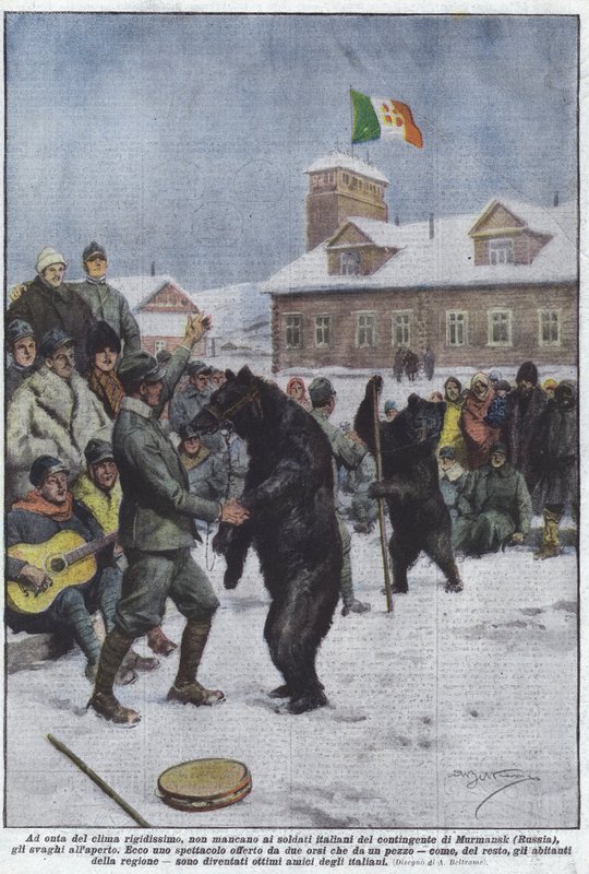 A pesar del clima muy frío, no faltan a los soldados italianos del contingente de Murmansk de Achille Beltrame