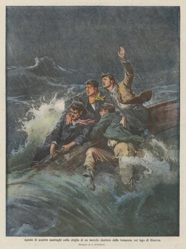 Agonía de cuatro náufragos en la quilla de un barco golpeado por la tormenta, en el lago de Ginebra de Achille Beltrame
