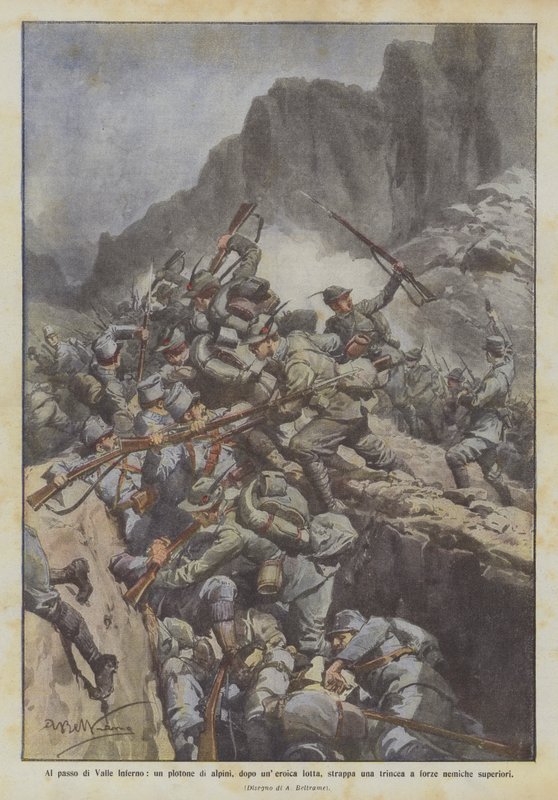 En el paso de Valle Inferno, un pelotón de alpinos, tras una heroica lucha, arrebata una trinchera de Achille Beltrame