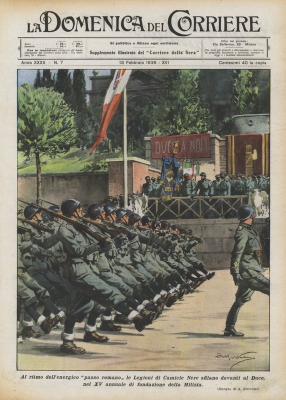 Al ritmo del enérgico paso romano, las Legiones de Camisas Negras desfilan frente al Duce de Achille Beltrame