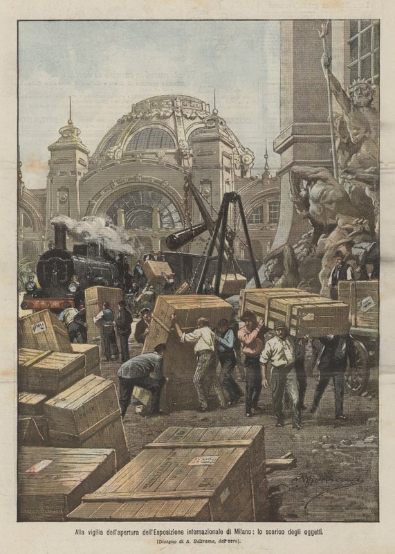 En la víspera de la apertura de la Exposición Internacional de Milán, la descarga de los objetos de Achille Beltrame