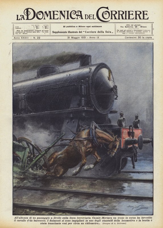 A la altura de un paso a nivel en la línea ferroviaria Casale-Mortara un tren en marcha de Achille Beltrame
