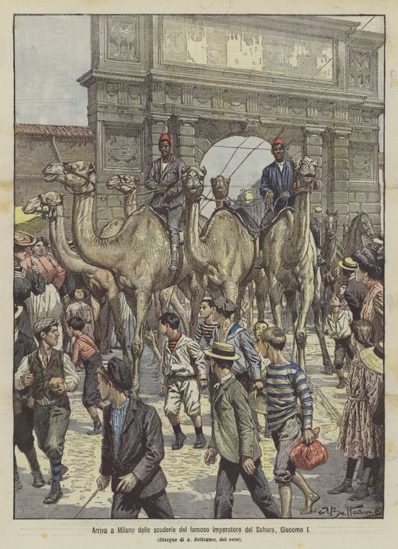 Llegada a Milán de las caballerizas del famoso emperador del Sahara, Giacomo I de Achille Beltrame