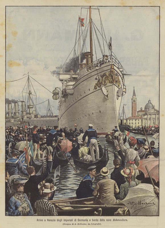 Llegada a Venecia de los imperiales de Alemania a bordo del barco Hohenzollern de Achille Beltrame