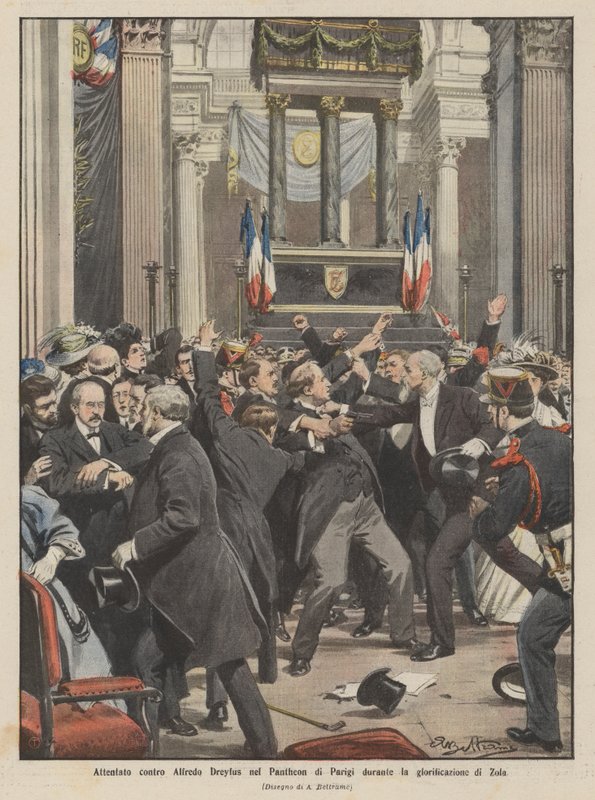 Atentado contra Alfredo Dreyfus en el Panteón de París durante la glorificación de Zola de Achille Beltrame