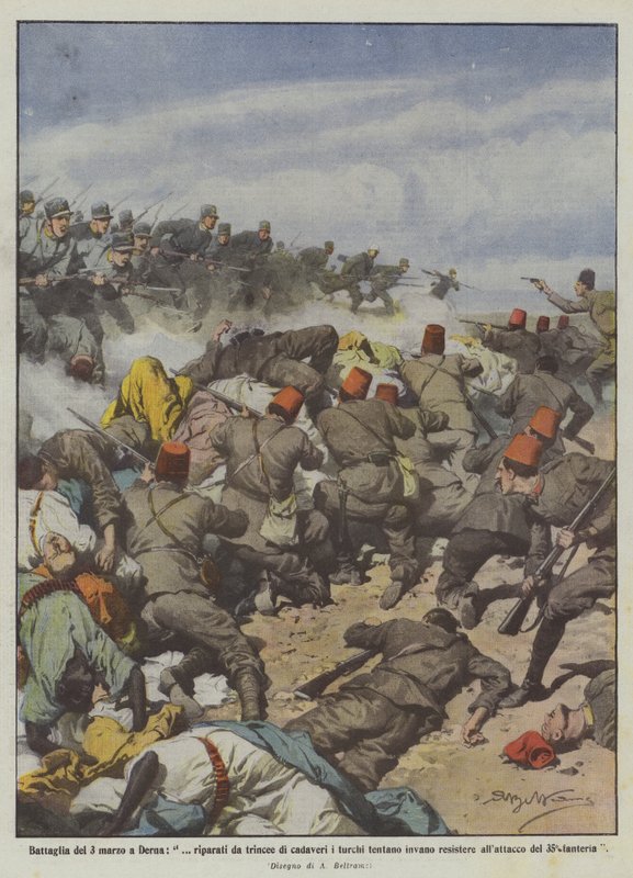 Batalla del 3 de marzo en Derna, protegidos por trincheras de cadáveres los turcos intentan en vano resistir de Achille Beltrame