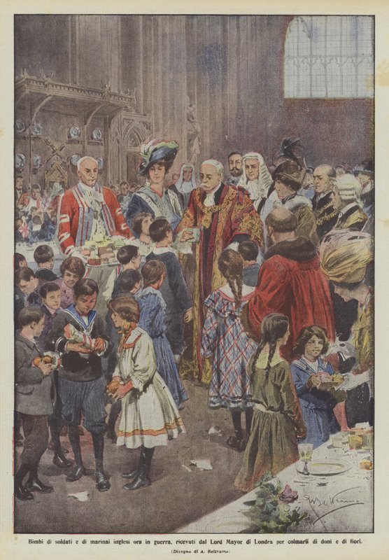 Niños de soldados y marineros ingleses ahora en guerra, recibidos por el Lord Mayor de Londres para de Achille Beltrame