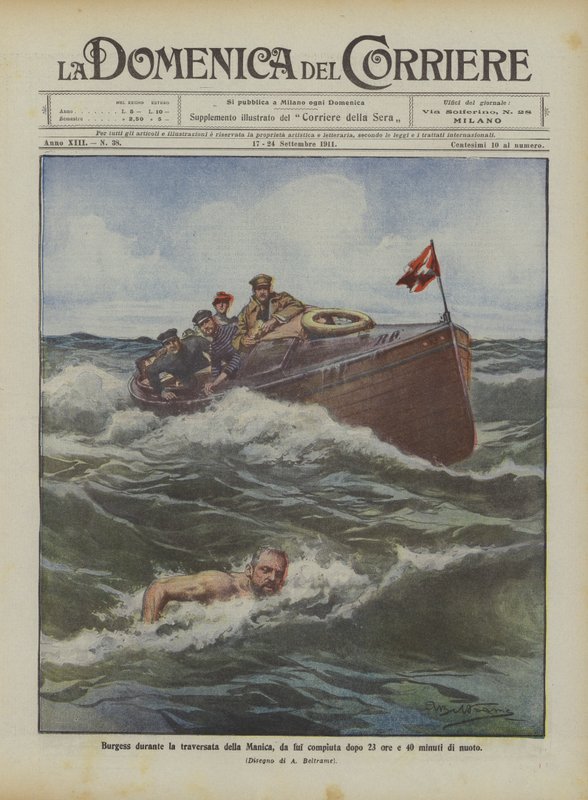 Burgess durante la travesía del Canal de la Mancha, completada por él después de 23 horas y 40 minutos de natación de Achille Beltrame