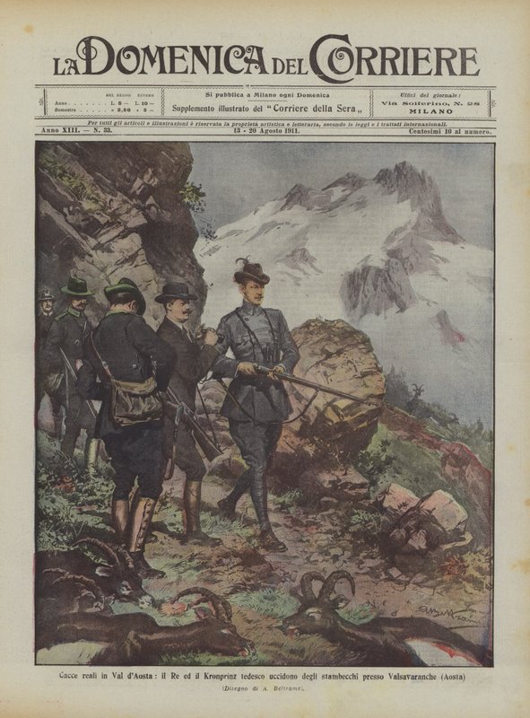 Cacerías reales en el Valle de Aosta, el Rey y el Kronprinz alemán matan íbices cerca de Valsavarenche (Aosta) de Achille Beltrame
