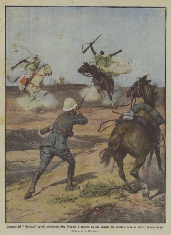 Caporal de Piacenza caballos, perdido más allá de Bengasi, atacado por dos beduinos que mata de Achille Beltrame