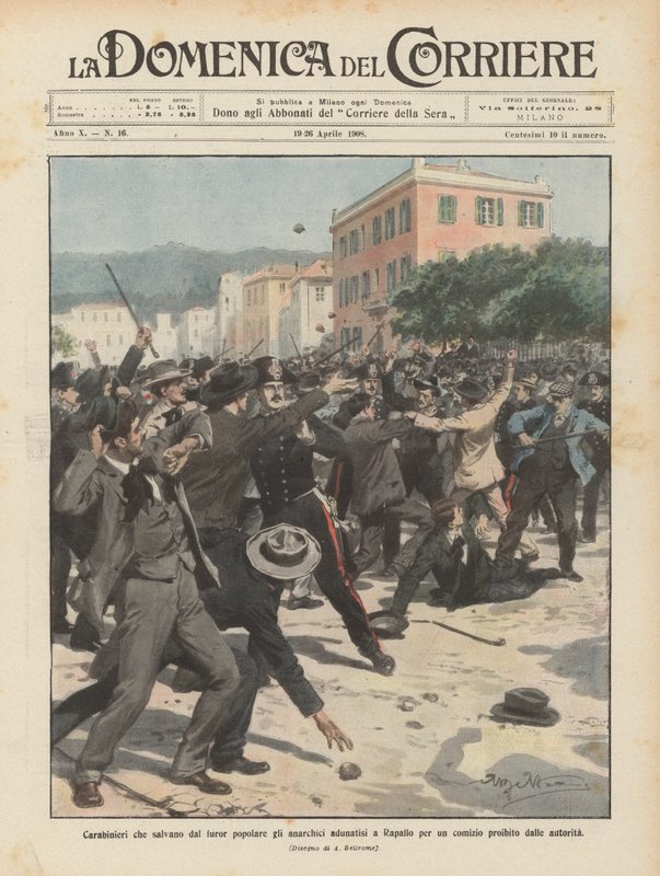 Carabineros que salvan del furor popular a los anarquistas reunidos en Rapallo para un mitin prohibido por las autoridades de Achille Beltrame