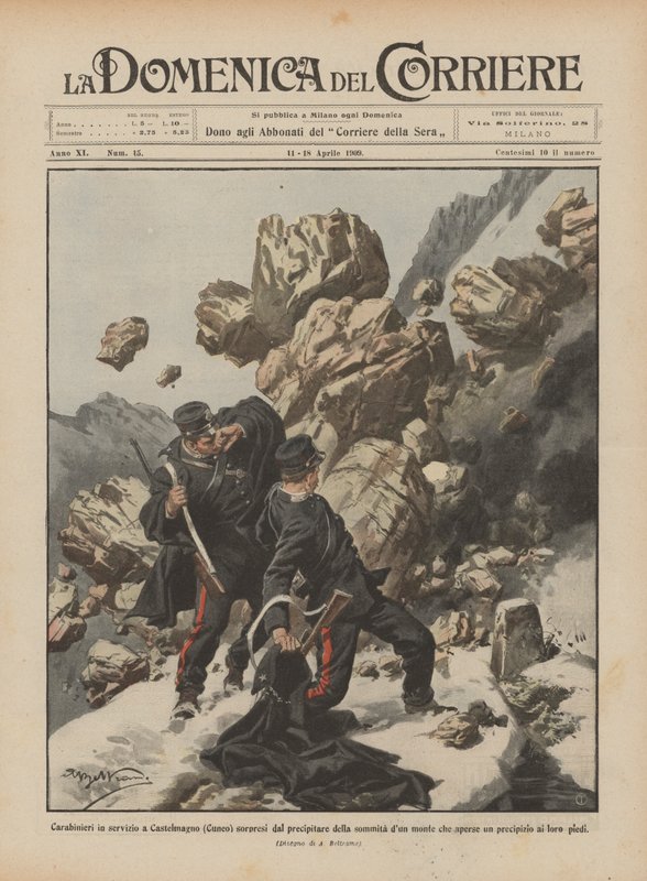 Carabineros en servicio en Castelmagno (Cuneo) sorprendidos por el derrumbe de la cima de una montaña de Achille Beltrame