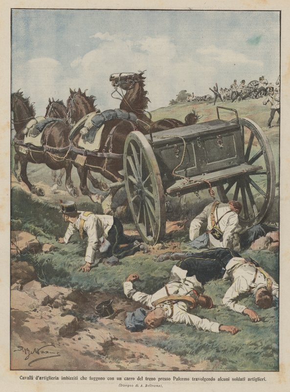 Caballos de artillería desbocados que huyen con un carro del tren cerca de Palermo arrollando de Achille Beltrame