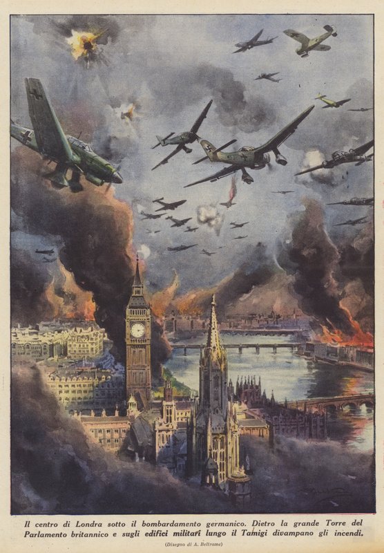 El centro de Londres bajo el bombardeo germánico (Litografía en color) de Achille Beltrame