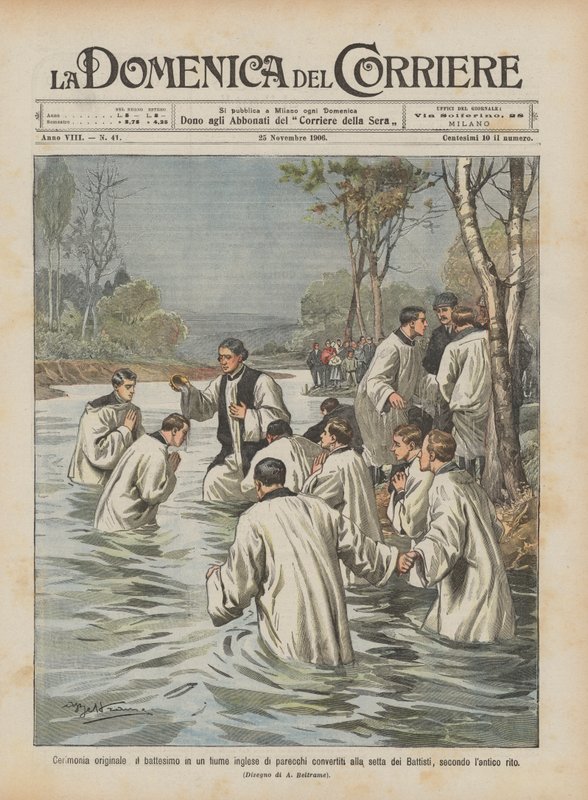 Ceremonia original, el bautismo en un río inglés de varios convertidos a la secta de Achille Beltrame