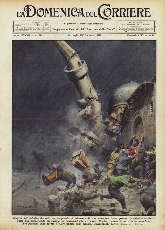 Golpeado por un rayo durante una tormenta, el minarete de una mezquita turca cerca de Estambul de Achille Beltrame