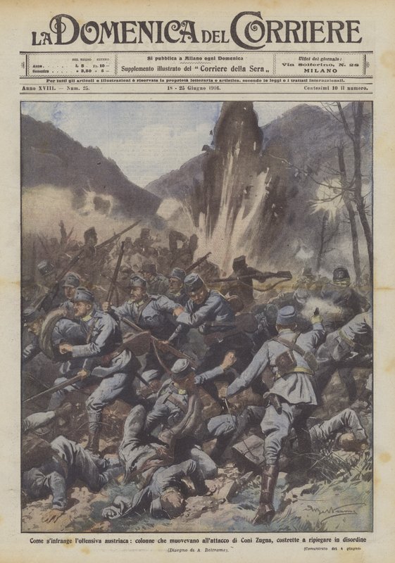 Cómo se rompe la ofensiva austriaca, columnas que se movían al ataque de Coni Zugna de Achille Beltrame