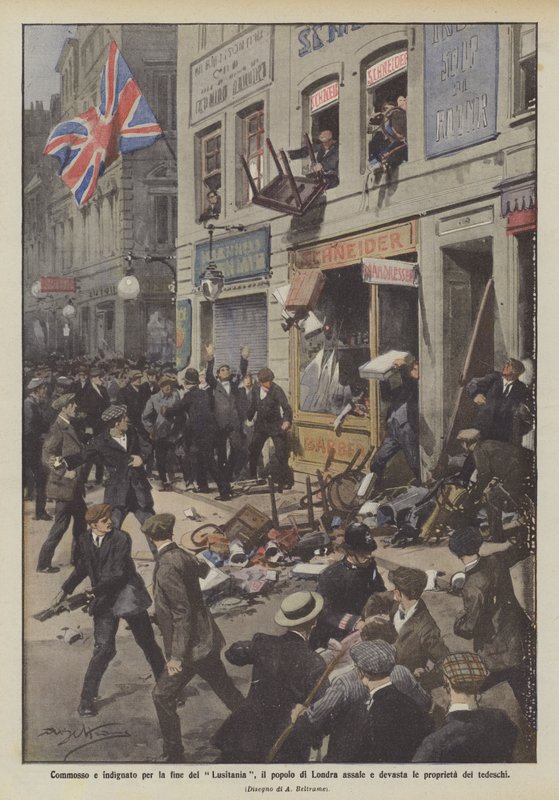 Conmocionado e indignado por el fin del Lusitania, el pueblo de Londres asalta y devasta las propiedades de los alemanes de Achille Beltrame