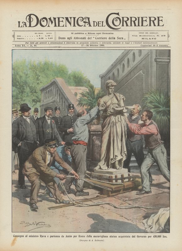 Entrega al ministro Rava y salida de Anzio hacia Roma de la maravillosa estatua adquirida de Achille Beltrame