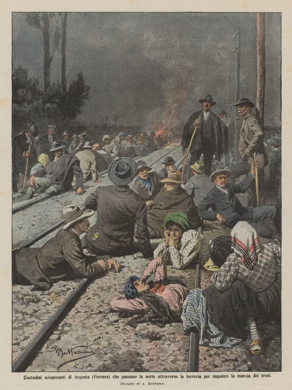 Campesinos huelguistas de Argenta (Ferrara) que pasan la noche en la vía férrea de Achille Beltrame