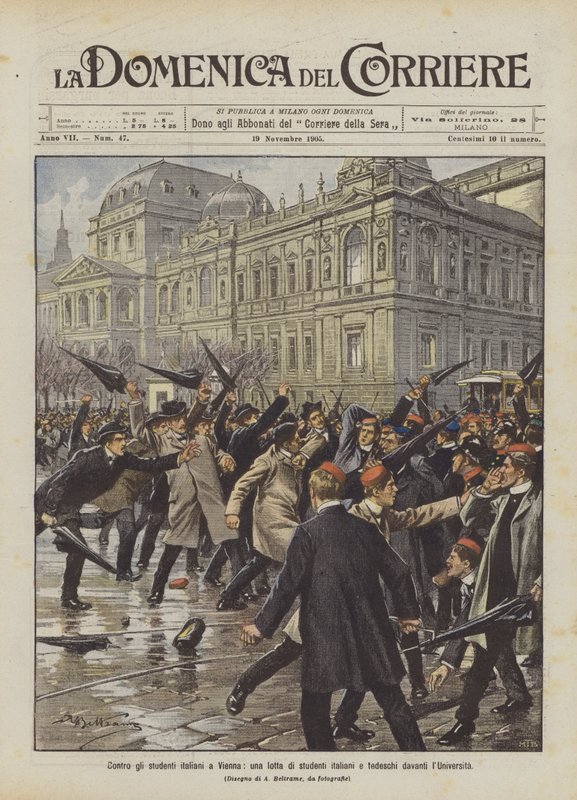 Contra los estudiantes italianos en Viena, una lucha de estudiantes italianos y alemanes frente a la Universidad de Achille Beltrame