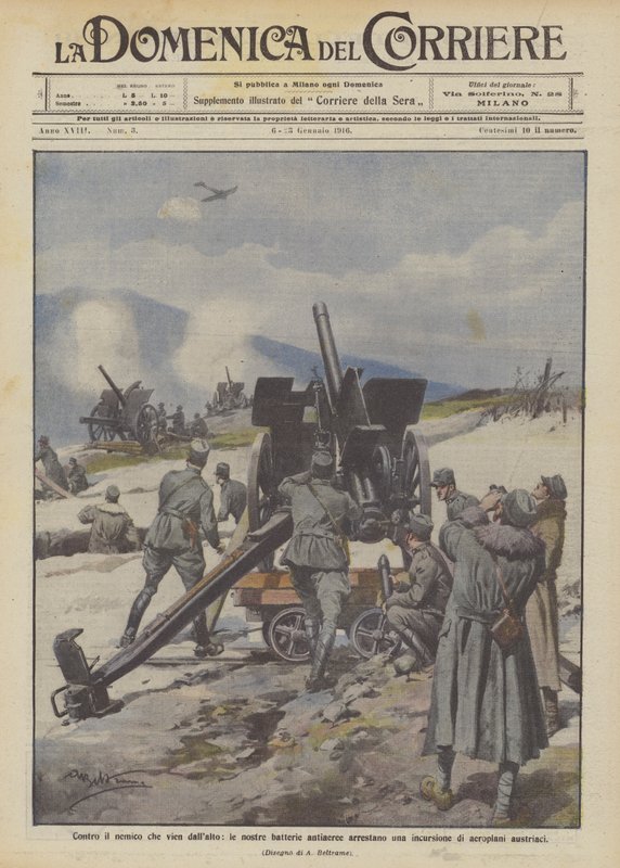 Contra el enemigo que viene desde arriba, nuestras baterías antiaéreas detienen una incursión de aviones austriacos de Achille Beltrame