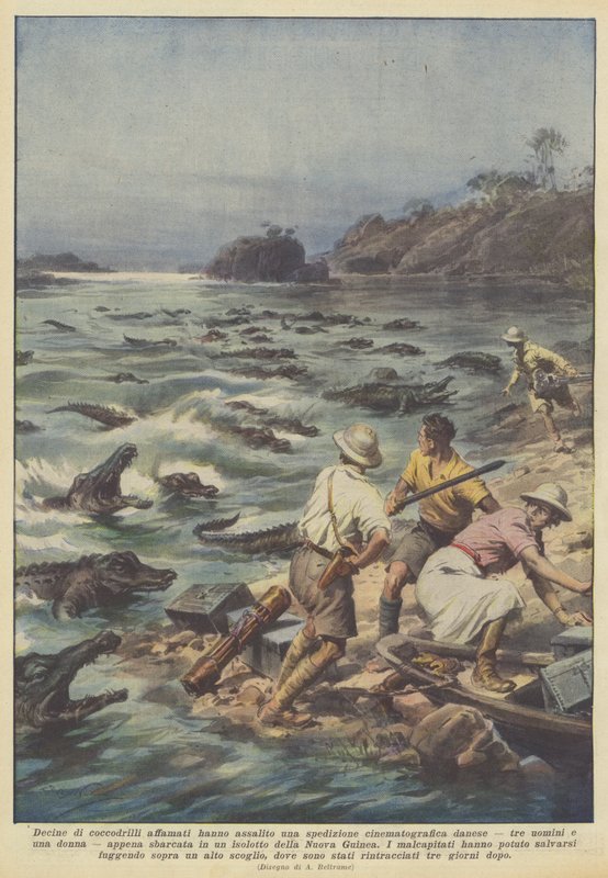 Decenas de cocodrilos hambrientos atacaron una expedición cinematográfica danesa de Achille Beltrame