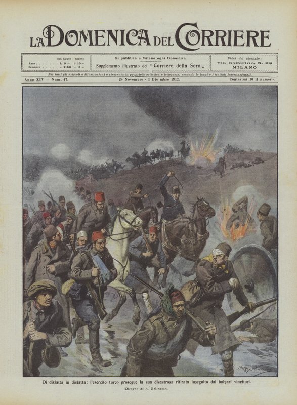 De derrota en derrota, el ejército turco continúa su desastrosa retirada perseguido por los búlgaros vencedores de Achille Beltrame